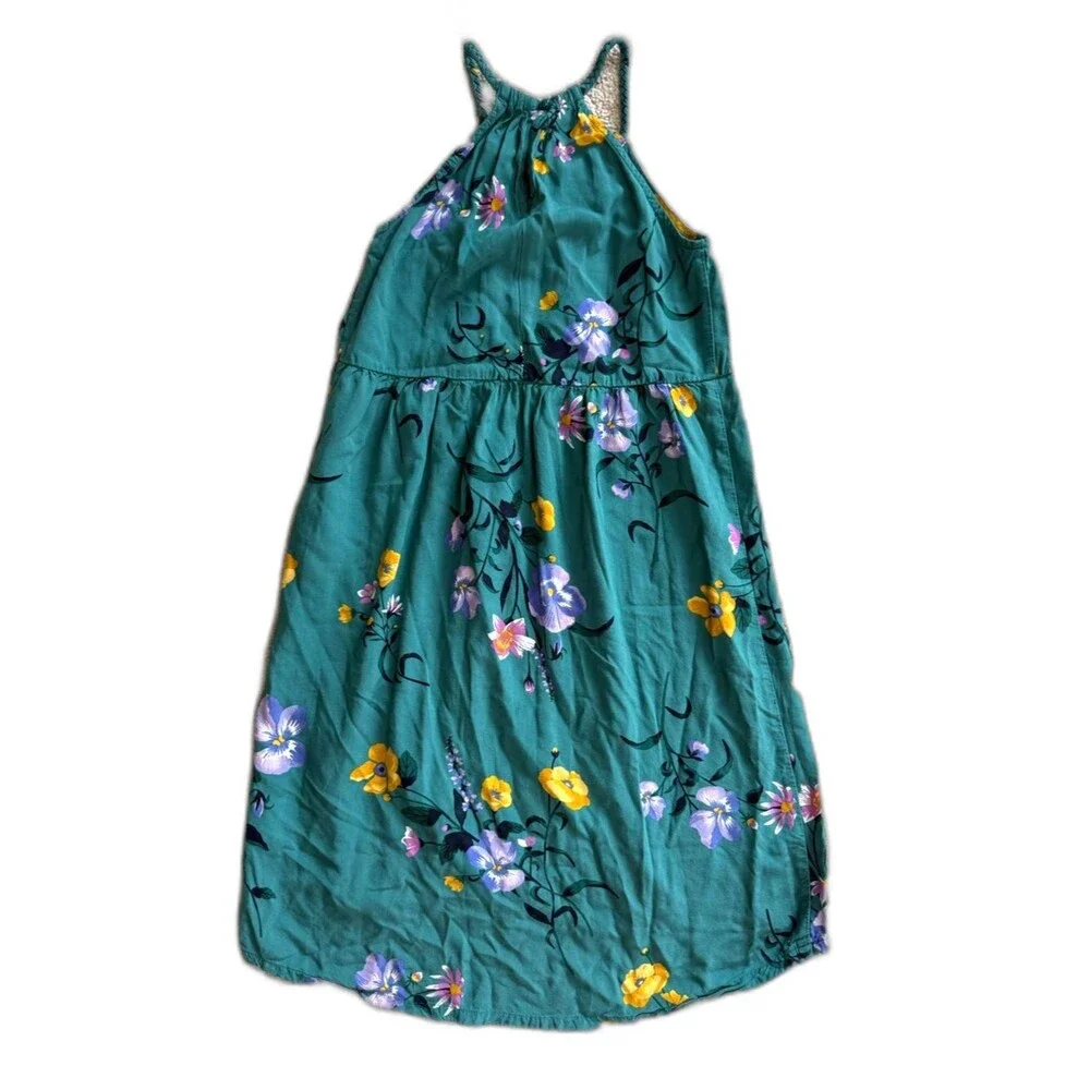 Old Navy Girls Teal Blue Floral Halter Sundress Braided Straps Boho Size S 6-7